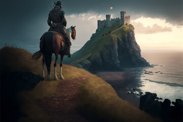 Landscape with Horse Knight facing a Castle Medieval Landscape castle on an island Medieval knight headed home to his castle - obrazy, fototapety, plakaty