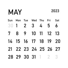 Classic monthly calendar for 2023. Calendar in the style of minimalist square shape. 2023 mockup. Classic simple minimal design. Black numbers on white background. May
