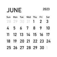 Classic monthly calendar for 2023. Calendar in the style of minimalist square shape. 2023 mockup. Classic simple minimal design. Black numbers on white background. June