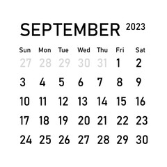 Classic monthly calendar for 2023. Calendar in the style of minimalist square shape. 2023 mockup. Classic simple minimal design. Black numbers on white background. September