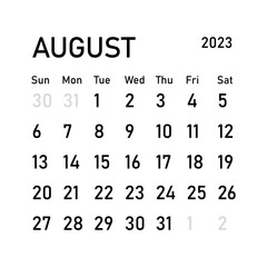 Classic monthly calendar for 2023. Calendar in the style of minimalist square shape. 2023 mockup. Classic simple minimal design. Black numbers on white background. August