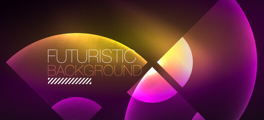 Abstract background with neon glowing light effects. Round shapes, triangles and circles. Wallpaper for concept of AI technology, blockchain, communication, 5G, science, business and technology