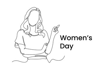 Single one line drawing happy woman pointing to International women's day. Women's day  concept. Continuous line draw design graphic vector illustration.