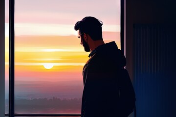 Fototapeta premium Handsome Man Watching Sunset From High Apartment Window.generative Ai.
