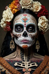 Dia de los muertos, Mexican holiday of the dead and halloween. Woman with skull make up and flowers. This image is generated with generative AI