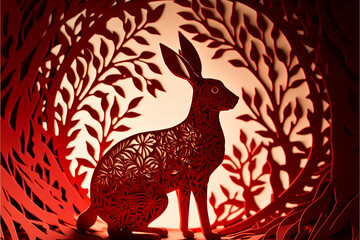 Beautiful rabbit. Red rabbit. Red bunny. Luxury. Papercut. Illustration. Generative AI