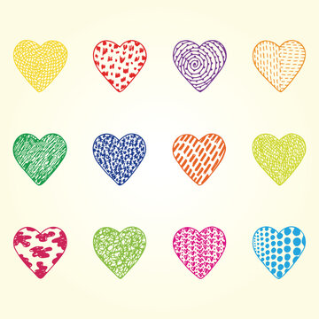 Colorful Hearts icons .Hearts Set. Hand drawn doodles Vector illustration. Happy Valentine's day.