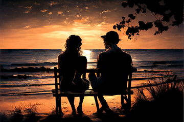 Fototapeta na wymiar Valentine's Day Landscape background, Couples in romantic settings such as sitting on a beach, Generative AI, AI, Digital Art, Couple watch to sea and sky