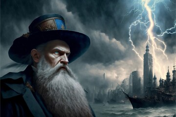 Nostradamus future about end times in background of New York, lightning and boats. - obrazy, fototapety, plakaty