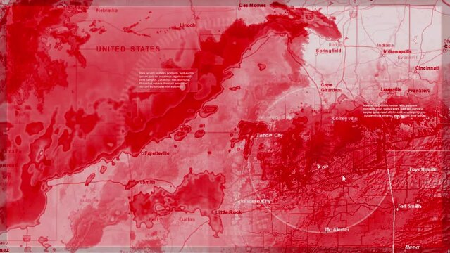 Weather Alert Template. Weather radar, Wind, Critic Flow Patterns And Tropical Cyclone Tracks on Horizontal Red Background. Alert Notification Concept with Different UI Elements HUD. US map