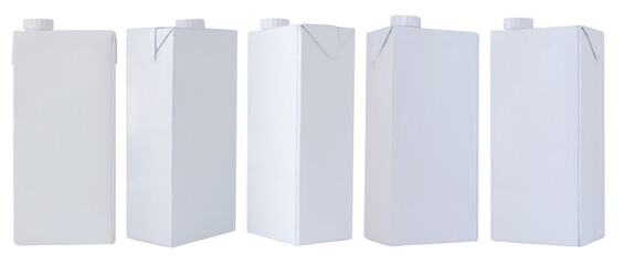 Set of milk or juice packages made of white carton paper in various angle, Mock up template design...