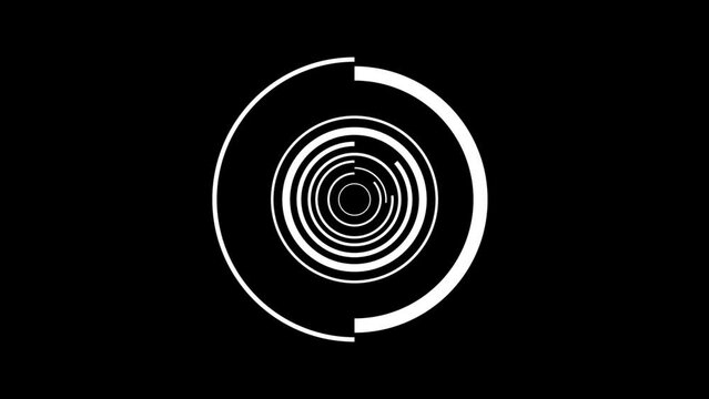 Abstract Electronic Eye. Loading process. Rotating White Circles with blurred vertices. Graphic elements. Render 4k. Seamless loop. Alpha Lightness (Unmult) or blending mode to remove black background