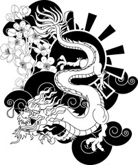 Japanese red dragon tattoo.Chinese Dragon with sakura flower on cloud and rising sun.