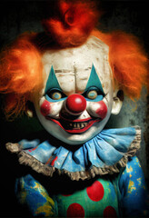 Generative AI abstract render of an evil clown doll