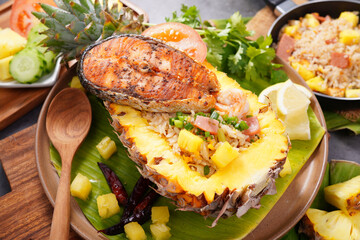 Pineapple Fried Rice and Grilled Salmon (Khao Pad Sup Pa Rod) Thai Food