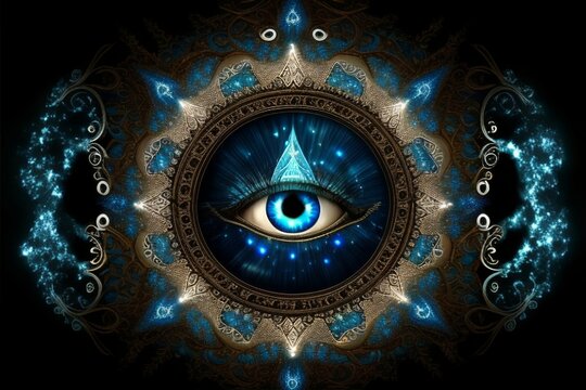 3rd eye activating symbol with mandala fractals and stars.