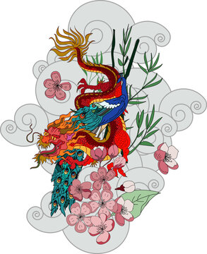 Japanese red dragon tattoo.Chinese Dragon with sakura flower on cloud and rising sun.