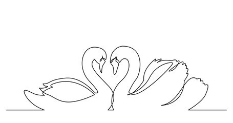 continuous line drawing vector illustration with FULLY EDITABLE STROKE of of two beautiful swans glidingtogether © OneLineStock