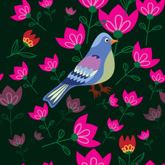 Seamless pattern with bird and flowers. Vector file for designs.