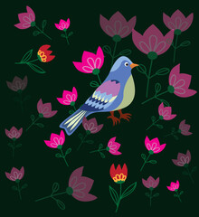 Vector seamless pattern with a bird and flowers.