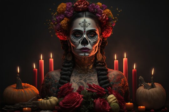 Dia de los muertos, Mexican holiday of the dead and halloween. Woman with skull make up and flower . This image is generated with generative AI