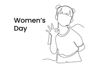 Single one line drawing happy girl celebrates International Women's Day. Women's day Concept. Continuous line draw design graphic vector illustration.