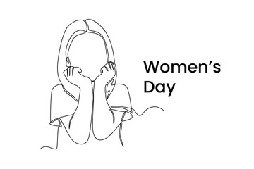 Single one line drawing happy girl celebrates International Women's Day. Women's day Concept. Continuous line draw design graphic vector illustration.