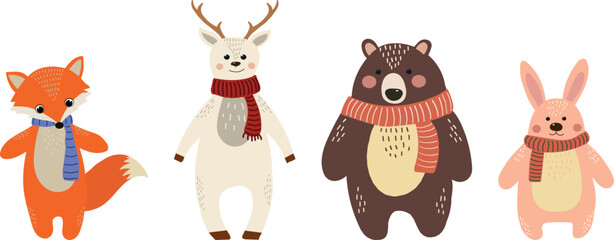 Obraz premium A set of four animals. Bear, deer, hare, fox. Vector file for designs.