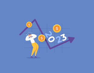 world economic crisis. Global recession in 2023. inflation and currency depreciation. decrease in income. financial and business problems. a panicked and shocked businessman. illustration concept