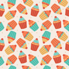 Flat design of various cupcake with cream and cherry topping illustration seamless pattern background vector stock