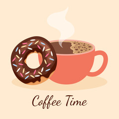 Illustration of coffee time with delicious chocolate donut vector design stock