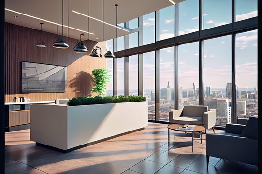sleek and modern reception area with a comfortable seating area and a front desk made with generative ai, huge windows skyline