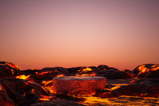 Abstract 3D render Platform and natural background, Podium lava rocks smelt on volcano with magma and lava erupt for product display, Blank showcase, mock up template presentation or etc