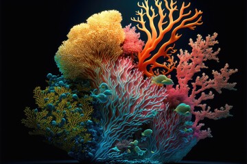 Deep sea coral reef and fish. Abstract glow in the dark background. Generative AI