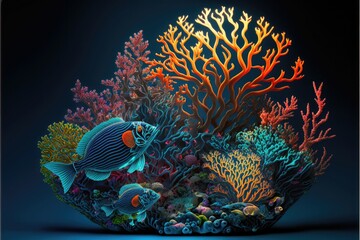 Deep sea coral reef and fish. Abstract glow in the dark background. Generative AI
