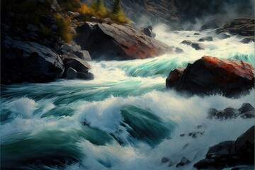 Gushing river rapids. Waterfalls that flow rapidly along the rocks. Generative AI