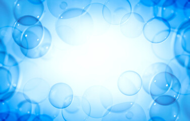 Beautiful Dark Blue Soap Bubbles Frame Abstract Background. White Center Empty Space. Soap Sud Bubbles Water.