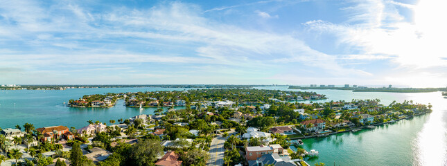 Aerial panorama photo luxury homes in Bird Key Sarasota Florida USA - obrazy, fototapety, plakaty