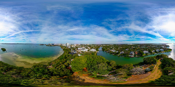 Aerial drone 360 equirectangular spherical panorama photo Marie Selby Botanical Gardens Downtown Sarasota