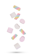 Colorful marshmallows candy falling in the air isolated on transparent background. PNG