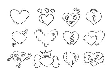 Vector doodle hearts set. All characters of heart by thin black line.