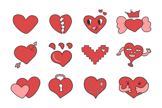 Vector doodle hearts set. All characters of heart by hand drawn.