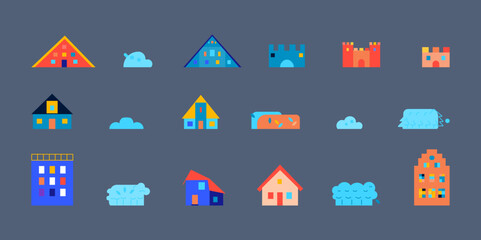 Fototapeta na wymiar Set of Flat Vector House Illustrations, Nordic cottages, wooden houses, and city buildings, simple designs.
