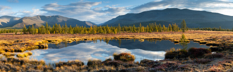 Far East of Russia, Magadan region, Susumansky district, lake Malyk..Surroundings of the mountain lake Malyk in the north of the Far East is located five hundred kilometers from the city of Magadan..