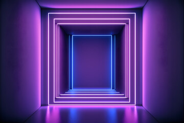 Fototapeta premium 3d render, abstract panoramic background with neon lines glowing in spectrum. Empty virtual room, square frame
