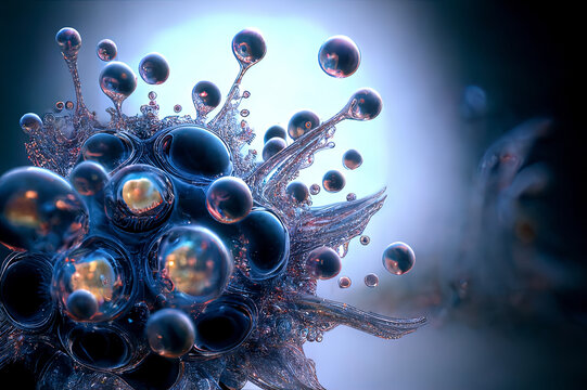 microscopic macroscopic view of alien eggs and bacterias virus in a liquid atmosphere, reworked and enhanced ai generated science fiction mattepainting