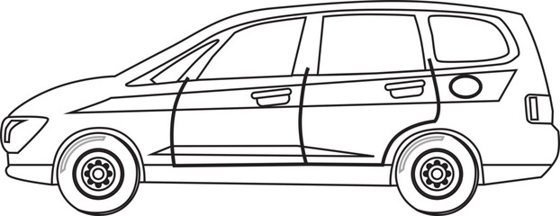 Coloring page vector line art for book and drawing. Black contour sketch illustrate Isolated on white background. High speed drive vehicle. Graphic element. Illustration car. Stroke without fill.