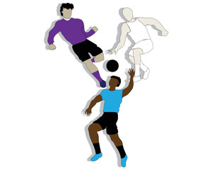 vector cartoon illustration design of three sportsmen footballers basketball players and volleyball players who are in kicking position dribble and jump to hit a ball in the middle