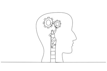 Drawing of arab man using the ladder and installing gear on people head concept of thinking. Continuous line art