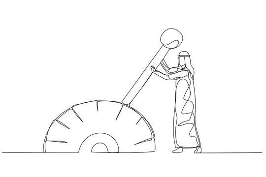 Drawing of arab man change transmission knob make business to next level. Single continuous line art style
